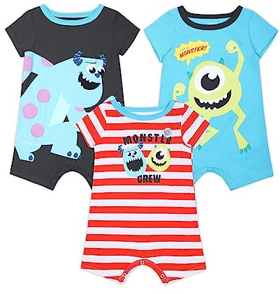 Disney Boy's 3-Pack Monsters Inc. Mike and Sully Baby Romper Short Set, 9M