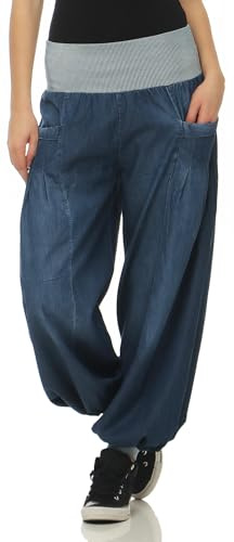 Malito – Damen Haremshose im Denim Style – Unisize Pumphose aus 100% Baumwolle – perfekte Jeans zum Tanzen & Chillen – Bequeme Pluderhose mit Taschen – Aladinhose für Frauen 6258 (34-40)
