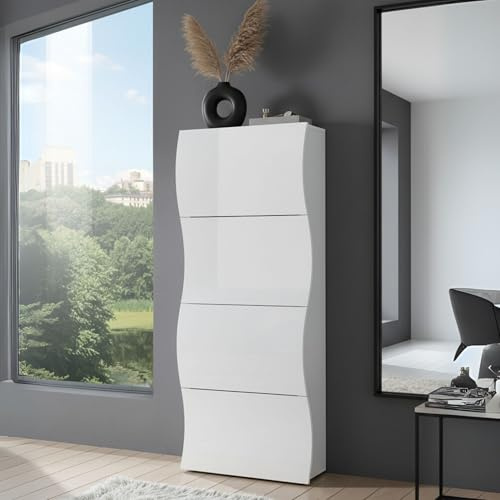 Web Convenienza Scarpiera Slim Moderna Made in Italy - 24 Paia di Scarpe, Salvaspazio con Ante a Ribalta in Legno - Mobile da Ingresso modello Mare Bianca Lucida (4 Ante)