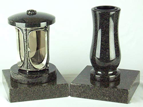 designgrab Alu Grablampe aus Aluminium in Antikoptik und Grabvase und 2 Stück Sockel eckig in Granit Nero Impala
