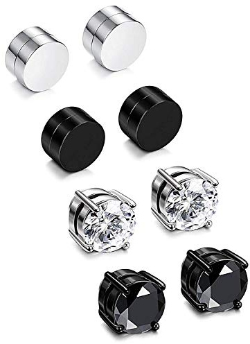 Feilok 4 pares de pendientes magnéticos para hombre y mujer, de acero inoxidable, sin piercing, de acrílico, redondos, sin piercing, diámetro de 6 mm
