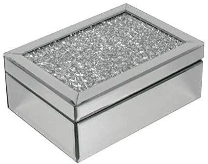 HomeZone Silver Crushed Diamante Mirrored Jewellery Box for Women Sparkling Travel Jewellery Organiser Box Trinket Storage Box with Lid for Chains Earrings Rings Birthday Christmas Gifts for Women