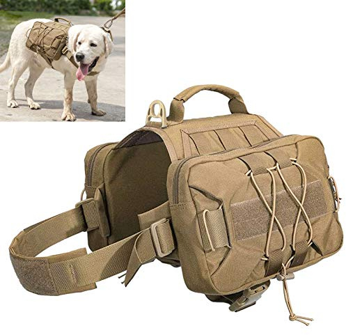 PJDDP Hunderucksack Taktischer Rucksack Daypack Wandertasche Ausrüstung Hunde Satteltasche Mit 2 Geräumigen Seitentaschen Für Mittelgroße Und Große Reisen, Camping, Wandern, Abenteuer,Braun