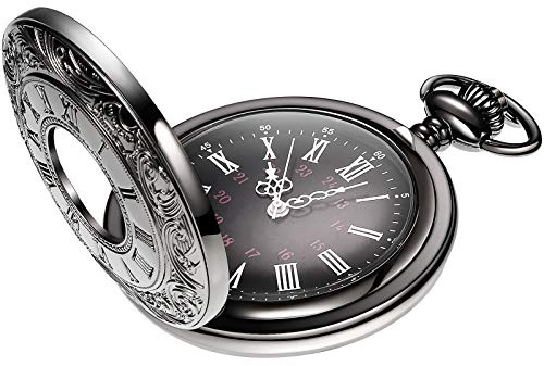 Vintage Pocket Watch Steel Men Watch with Chain, Black
