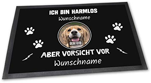 PfotenSchild Fußmatte zum selbst Gestalten - Wir sind harmlos, Aber Vorsicht vor - mit Spruch, Wunschfoto und Name für EIN Haustier Plus Wunschtext der Haustierbesitzer - 75 x 50 cm