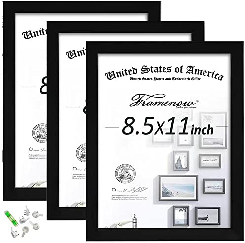 Framenow 8.5x11 Picture Frames Set of 3, Shatter-Resistant Glass Display Certificate or Pictures 8.5 by 11,To Wall and Tabletop Mounting, black.
