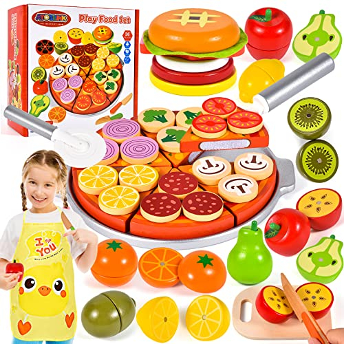 Atoylink Kinderküche Holzspielzeug Spielküche Zubehör Küchenspielzeug Lebensmittel Holz mit Pizza Gemüse Obst Schürze Montessori Rollenspiele Weihnachten Geschenk für Kinder 3 4 5 6+ Jahre
