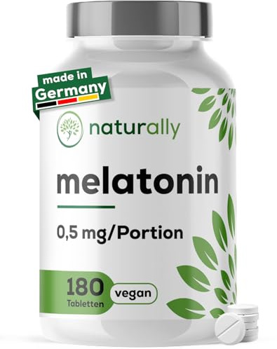 naturally Melatonin 1 mg Tabletten – vegane Mini-Tabletten | Bei Jetlag, nur 0,5 mg pro Tag, leicht zu schlucken, 180 Mini-Tabletten, ohne Zusatzstoffe, Made in Germany