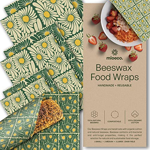 MioEco Beeswax Wrap for Food – Assorted 6 Pack Organic Cotton Bees Wrap – Reusable Beeswax Food Wrap - Made from Natural Ingredients – 3 Sizes (2S, 2M, 2L) (Daisy Field)