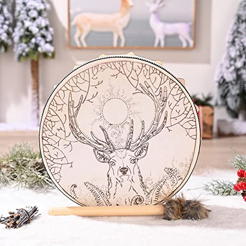 MISNODE Handmade Shaman Moon Drum, Elk Skin, 9.8 in with Drum Stick