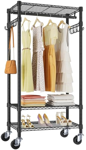 VIPEK R3 Medium Rolling Clothes Racks with Lockable Wheels, Heavy Duty Garment Rack with Adjustable Shelves & Hanging Rod & Side Hooks, Compact Space-Saving Storage for Small Apartments/Dorms (Black)