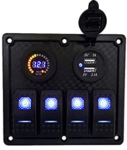 Riloer Panneau de commutation à 4 interrupteurs à combinaison, 12 V pour bateau, voiture, double prise USB, chargeur de voiture, panneau d'interrupteur à bascule marche/arrêt étanche avec voyant LED