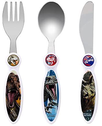 Jurassic World Kids 3 Piece Cutlery Set – Includes Knife, Fork and Spoon | Child-Friendly Stainless Steel Flatware Set, BPA-free, food-Safe Material Children's Travel Cutlery Set | Non-Slip & Reusable