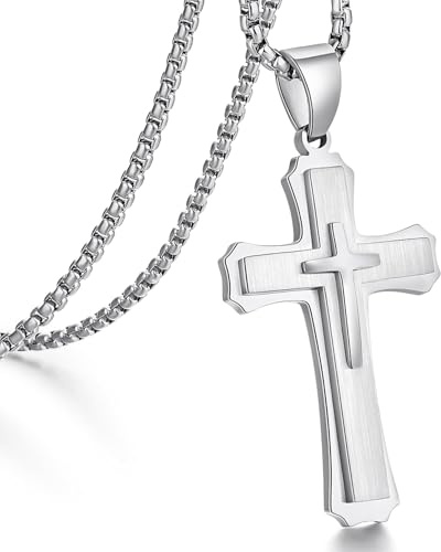 Jiahanzb Kreuz Kette Edelstahl 316L Großes Halskette Herren Kreuz Anhänger Jesus Christus Religiöser Schmuck Geschenk für Männer Damen Kette mit 22-26 Zoll