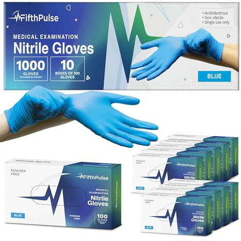 FifthPulse Blue Nitrile Exam Gloves Large 1000 Count - Medical Grade, 3 Mil, Food Safe, Latex and Powder Free Disposable Gloves for Cleaning, Cooking and Medical Use - Case of 10 Boxes of 100