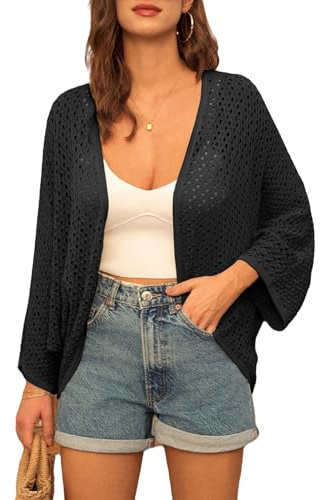 Grace Karin Open Front 3/4 Sleeve Batwing Cardigan for Women Lightweight Crochet Summer Cardigan Hollow-Out Cover Ups, Nero , M