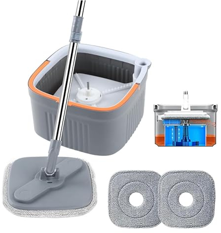 SquareSpin 360 - Kit mocio con secchio a doppio scomparto e strizzatore: include 2 panni spessi in microfibra lavabili (modello: SPIN-800A)