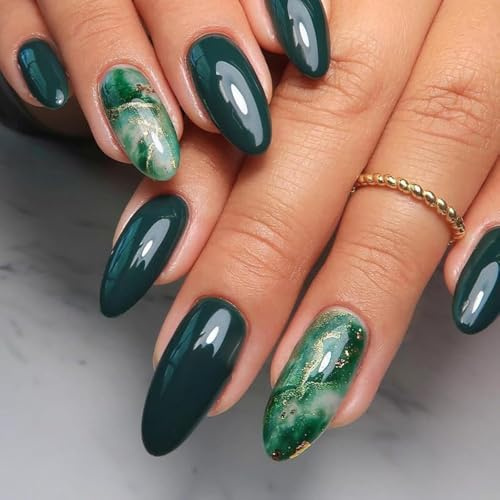 24pcs Short Almond False Nails Dark Green Ombre Stick on Nails Gold Foil Marble Design Press on Nail Removable Acrylic Full Cover Glue on Fake Nail Art Accessories for Women