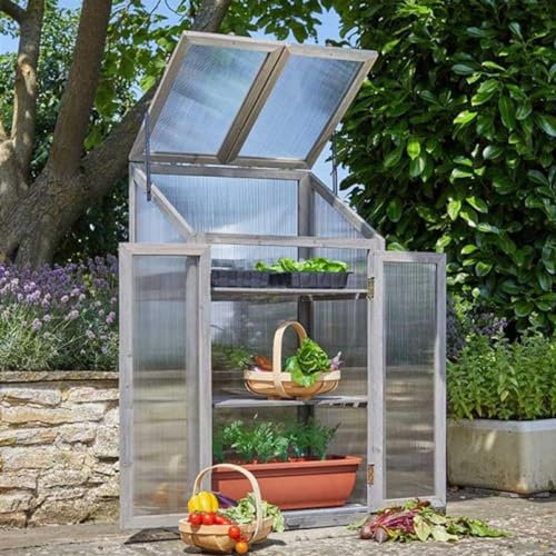 Large Wooden Gro-Zone Garden Greenhouse with Twin Wall UV Resistant Glazing, 3 Shelves, Front Opening Doors & Lid - Germinate Seeds, Propagate Plants & Grow Exotic Fruit & Veg – H120 x W69 x D49cm