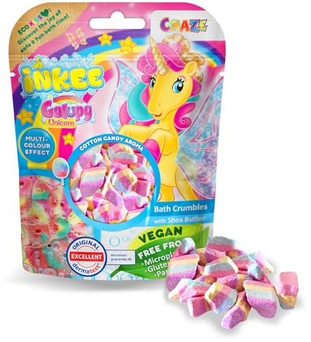 INKEE Bath Crumble Galupy Unicorn, Pompe da Bagno Sbriciolate per Bambini con Aroma di Cotone di Zucchero e 4 Colori, Borsa da 100 gr