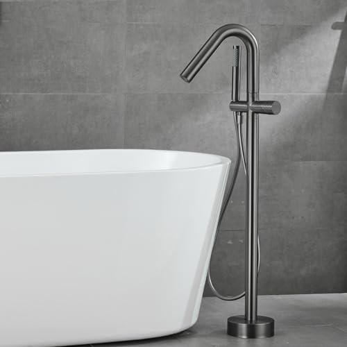 Badewannenarmatur Freistehend mit Handbrause, Freistehende Wannenarmatur Wasser Kalt und Heiß Messing Mischbatterie Badewanne Freistehend-Grau
