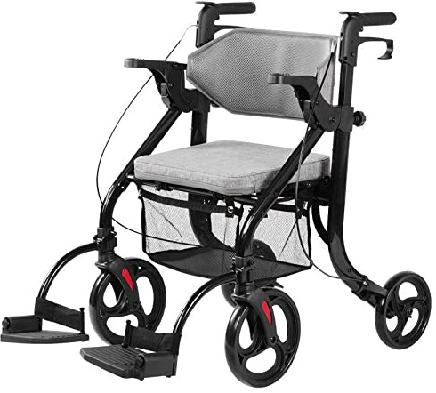 Transportrollstuhl Rollator für Senioren - 2 in 1 klappbarer Rollator mit weicher Rückenlehne, abnehmbaren Fußstützen, 4 Rollen und 100 kg Unterstützung