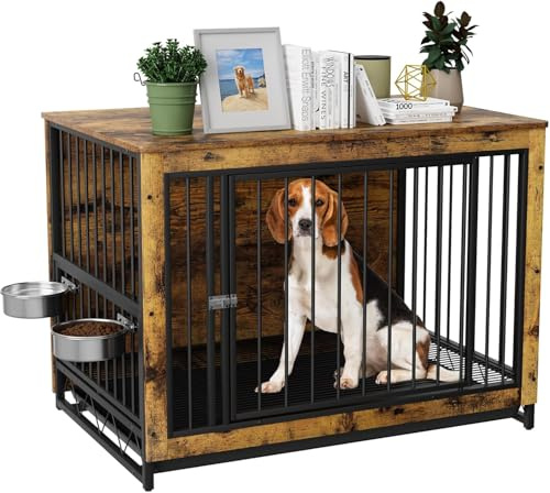 Hundbur för hem, hundbur i trä, 93 x 64 x 58 cm, hundkoja med 2 hundskålar och dörr, hundhus för inomhus med avtagbar bricka, hundlåda för medelstora små hundar upp till 40 kg, träfärg