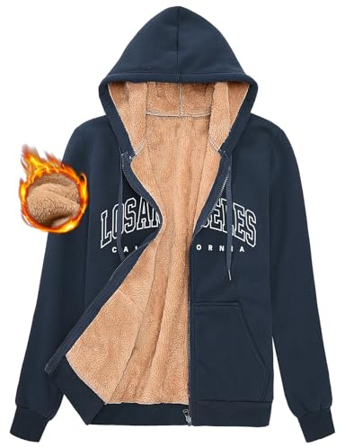 UMIPUBO Sudaderas Mujer con Capucha Cremallera Forro Polar Ropa de Invierno Fleece Chaqueta Outwear Hoody Sweatshirt Casual Deportiva Sudadera(Marina,XL)