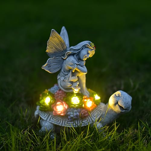 Tuzsocr Solar Schildkröte Gartenstatuen mit Blumen LED Lichterkette,Fee sitzend auf Schildkröte,Engel Gartenfiguren Solar Leuchte,Gartenzwerge Deko Draußen, Rasen, Hof, Terrasse, Fensterbank (Fee)