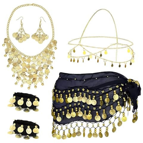 Ycaaeo 7 Stück Bauchtanz Kostüm Accessoires Damen,Bauchtanz Hüfttücher mit Gold Halskette,Goldmünzen Ohrringe,Kopfschmuck und Armbänder,Bauchtanz Schmuckset Kostüm für Fasching Karneval Rollenspiele