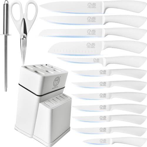 XYJ Authentic Since 1986, set di coltelli da cucina con supporto, in acciaio inox, coltello da chef giapponese, coltello da bistecca, carving Slicing Paring Santoku