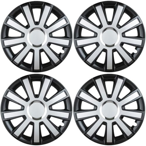 Premium Radkappen 15 Zoll in Schwarz-Silber-Glänzend mit Chromring 4er-Satz hochwertige Radzierblenden für PKW-Stahlfelgen Radblenden-Zweifarbig Radabdeckungen Raddeckel Zierblenden Zierkappen 4 Stück