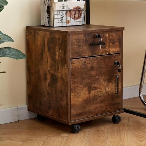 ZBAOLTO Mobiler Aktenschrank Abschließbarer, Holz Braun für Büro | Rollcontainer mit 1 Schubladen und 1 Schrankfach, 4 Rollen, 40×40×57 cm Büroschrank Home Office Lagerung