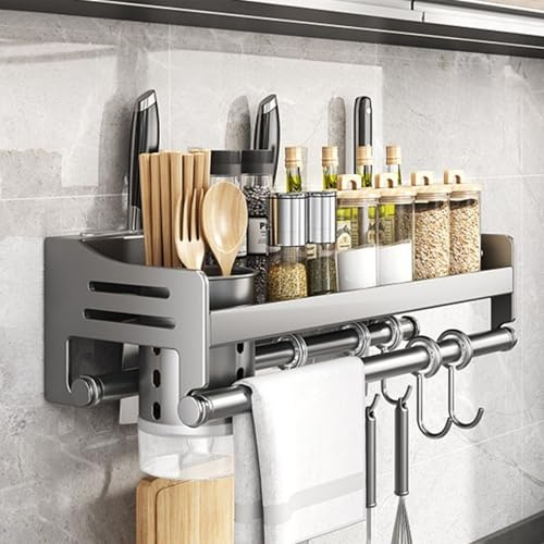 UUE Gewürzregal, Wand Gewürzregale, 40 cm Abnehmbarer Spices Organizer, Keine Notwendigkeit, Küchen Gewürzregal zu bohren, Küchen Organizer mit 6 Haken und 1 Stäbchenhalter, Silber