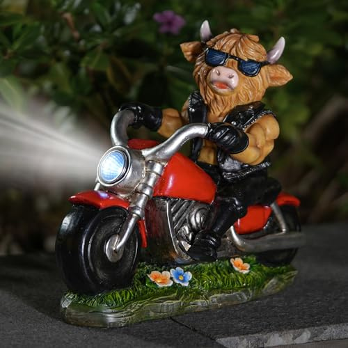 Joint Honglin Statue décorative de Vache des Highlands sur Moto avec Phare LED – Décoration de Jardin Rustique pour extérieur, Figurine de Vache Motard pour Cour, terrasse ou décoration d'intérieur