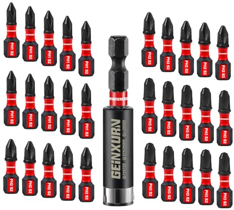 GEINXURN Impact Tough Phillips 25 mm Magnetic Screwdriver Bit Set, 30 Pieces PH1 PH2 PH3 Insert S2 Steel Drill Driver Bits with 1Pcs Impact Bit Holder, Bulk