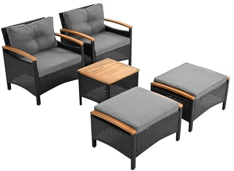 SOFTWEARY Balkonmöbel-Set, (5-TLG., 2 Stühle, 1 Couchtisch, 2 Hocker), Balkonset für Balkon und Garten, Loungeset, Polyrattan