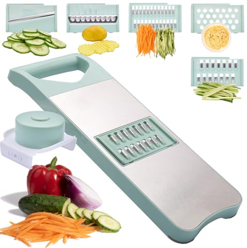 NACOLUS 5 In 1 Mandoline Slicer with Slide-On Hand Guard - Vegetable Slicer, Carrot Shredder,Safe Potato/Garlic Slicer Vegetable Cutter, Waffle Fry Cutter (Green, 5-in-1)