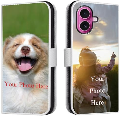 FortiCase Personalised Phone Case for iPhone 16,PU Leather Flip Cover,with Card Slots,Holder Cases,Design Your Own Photo Image,Text Personalised Case - White-LN4