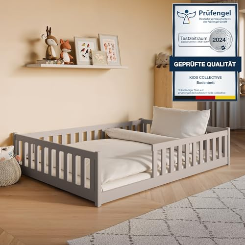Kinderbett Bodenbett 140x200 cm mit Rausfallschutz & Lattenrost Montessori Bett Bed Gitterbett Kinder Jugendbett Einzelbett optional mit Matratze | Kaschmir weitere Größen 80x160 | 90x200 | 120x200 cm