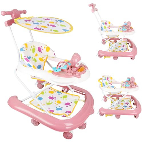 Girello regolabile in altezza, aiuto all'apprendimento per bambini - da 6 mesi - apprendimento della camminata e sviluppo delle capacità motorie, 62 x 68 x 36 - 81 cm, rosa