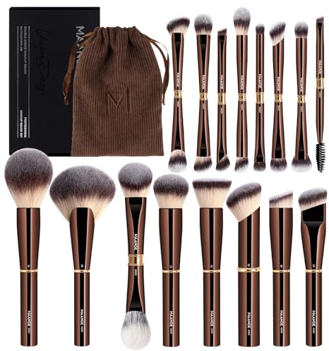 MAANGE Makeup Brushes 16Pcs Professional Foundation Powder Blush Contour Eyeshadows Double-End Makeup Brush Set with Pouch and Gift Box-CoffeeBrown