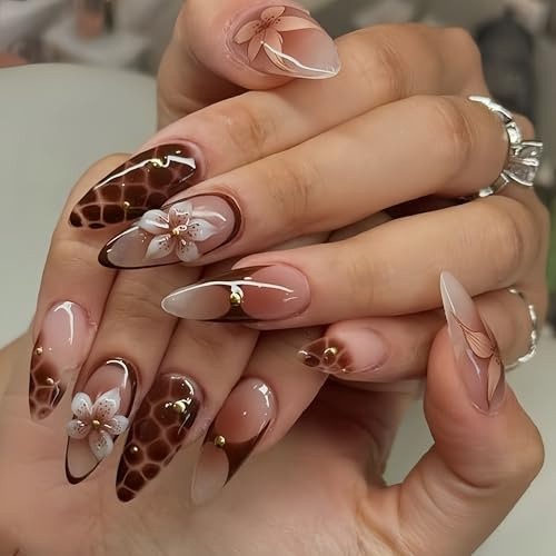 SXVME Floral Press on Nails Medium Long Almond, Brown False Nails Press on with 3D Floral Design Fake Nails Full Cover Glossy Artificial Autumn Flower Glue on Nail for Women