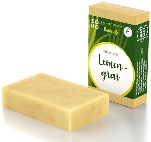 SOHO Naturkosmetik Handgerührte Naturseife, Lemongras Duft, Bio-Öle und Sheabutter, Vegan, Plastikfrei, Für alle Hauttypen