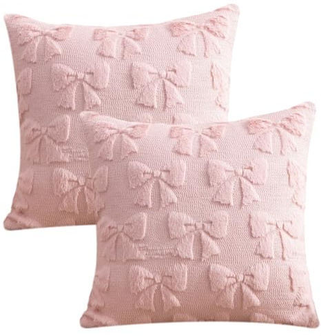 PLUSHCEWT 2 Pink 3D Schleifen Kopfkissenbezüge, 45x45 cm ästhetische dekorative Kissenbezüge, Schleifen Plüsch Kopfkissenbezüge, weiche Velours Nackenkissenbezüge geeignet für Wohnzimmer Schlafzimmer