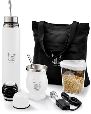 TUMA TU MATE Kit complet Yerba Mate, bouteille isotherme AutoMate à double bouchon, tasse et bombilla, 750 ml double paroi en acier inoxydable, sac en toile, récipient Yerbero et chauffage de voiture