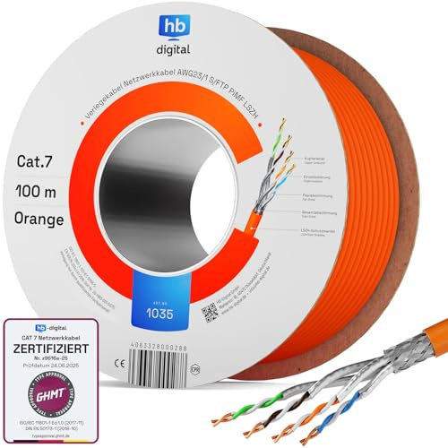 HB-DIGITAL 100m CAT 7 Netzwerkkabel reines Kupfer Simplex - Orange | LAN Kabel GHMT Zertifiziert Verlegekabel Ethernet Installationskabel, 10 Gbit/s, reines Kupfer AWG23 S/FTP