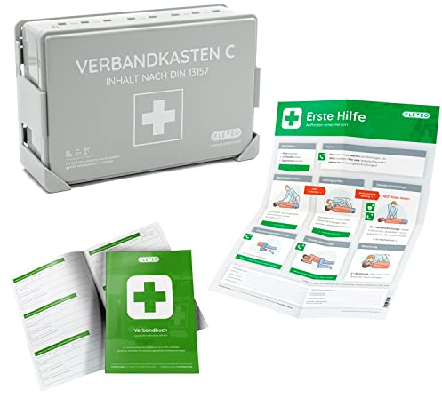 Betriebsverbandkasten C grau nach neuer DIN 13157:2021 mit Wandhalterung - gemäß ASR - Verbandskasten - Erste-Hilfe-Kasten - Verbandkasten (Komplettpaket Basic)