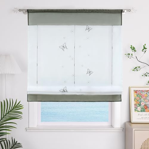 ESLIR Raffrollo Küche Raffgardine mit Tunnelzug Gardinen Transparent Bändchenrollo mit Schmetterling Bestickt Voile Grau BxH 80x140cm 1 Stück