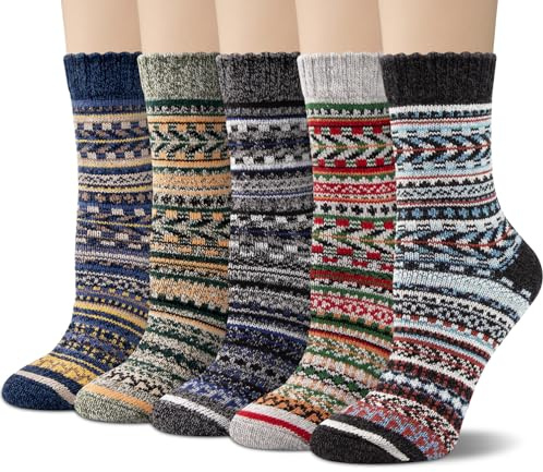Justay 5 Pairs Wool Socks for Women - Winter Thick Boot Cozy Crew Vintage Soft Calf Knit Warm Socks Gifts